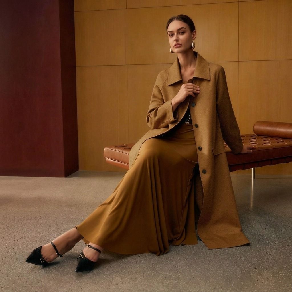 abrigo camel wool blend abierto sobre falda larga modelo sentada zapatos punta negros
