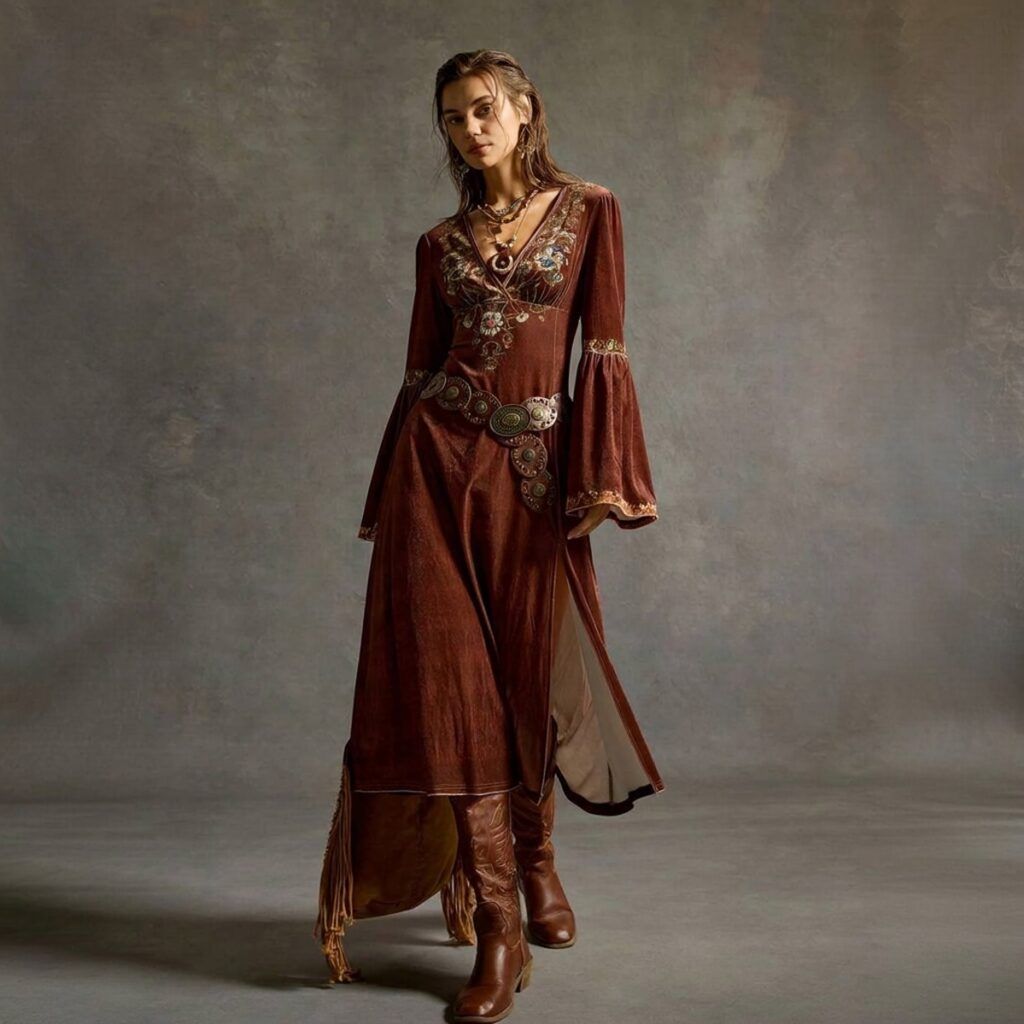 Vestido bohemio largo en terciopelo burgundy con bordado floral en escote V, manga campana y cinturón de medallones