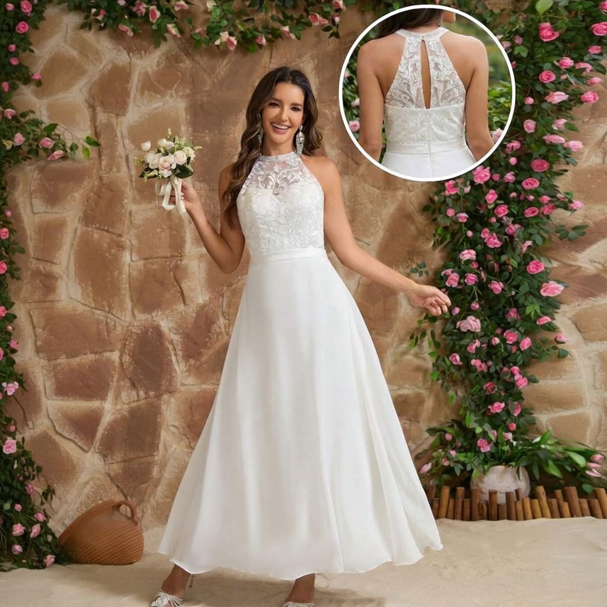 Vestido blanco cuello halter con cuerpo de encaje floral y falda gasa largo tobillo vista frontal con detalle de espalda