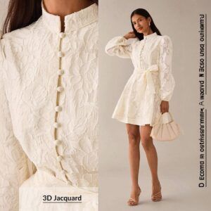 Detalle del tejido jacquard 3D y botones forrados del vestido novia civil marfil Else, vista frontal cercana