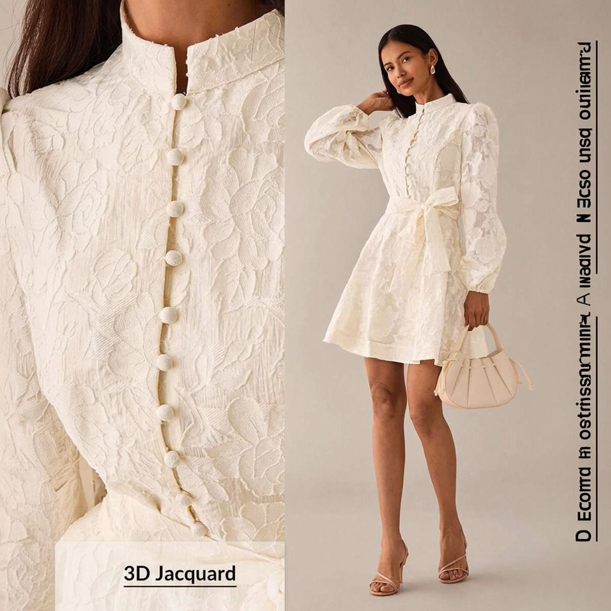 Detalle del tejido jacquard 3D y botones forrados del vestido novia civil marfil Else, vista frontal cercana