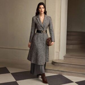 Abrigo acampanado en tweed espiga gris y negro con cinturon negro y solapa cruzada vista frontal cuerpo completo