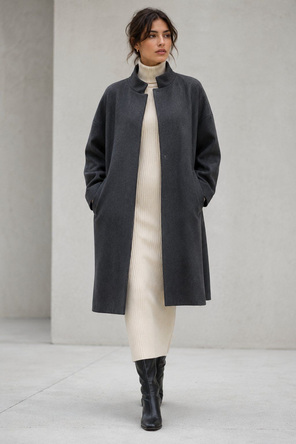 Abrigo oversize de lana gris antracita con cuello mao sobre vestido de punto fino crudo de cuello alto, mostrando el largo del abrigo 15 cm más que el vestido