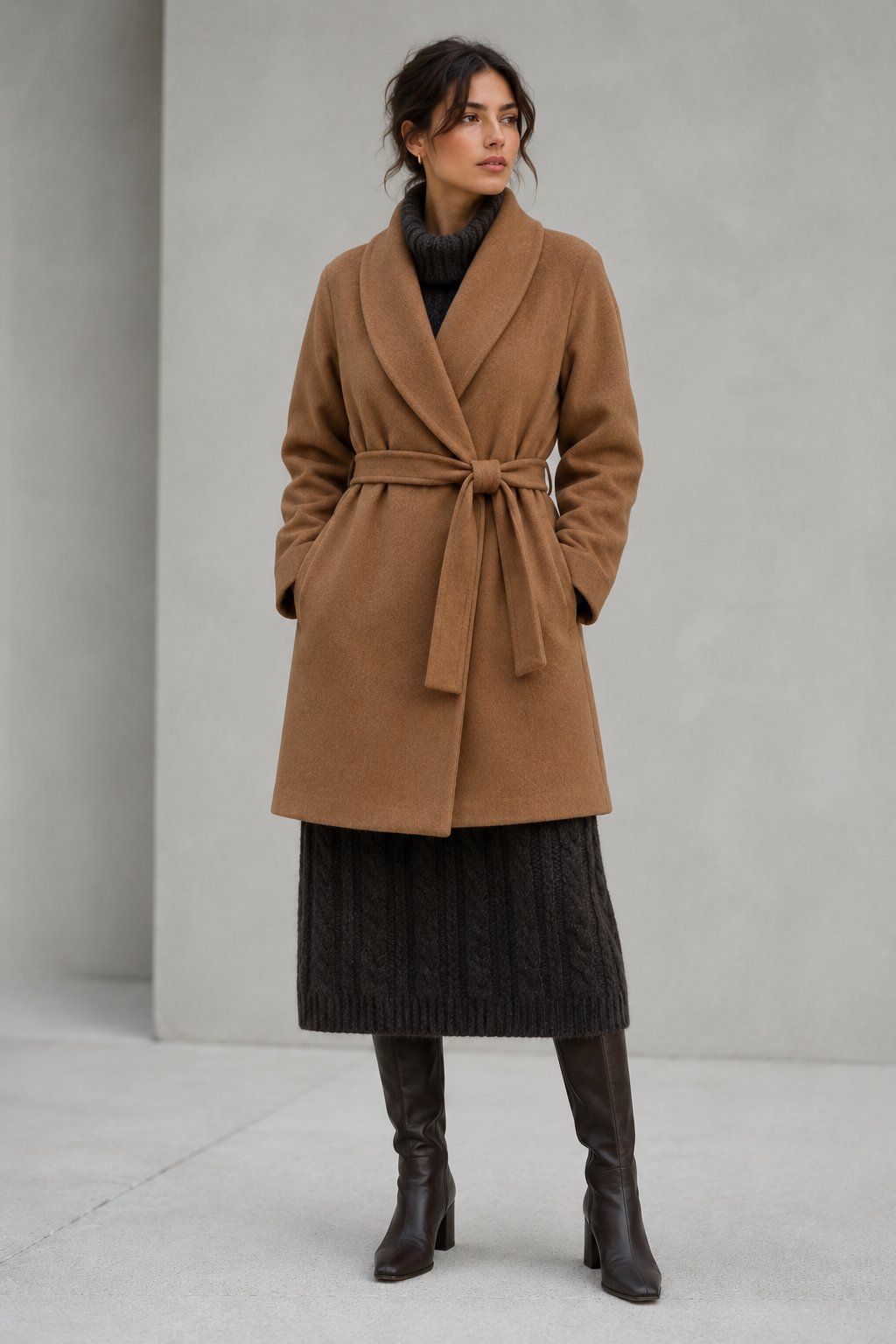 Abrigo wrap cruzado camel con cinturón anudado en la cintura natural sobre vestido de punto grueso gris antracita midi, dejando visible el dobladillo del vestido
