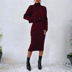 Conjunto de dos piezas en punto acanalado burdeos con sweater cuello alto y vestido midi ceñido vista frontal