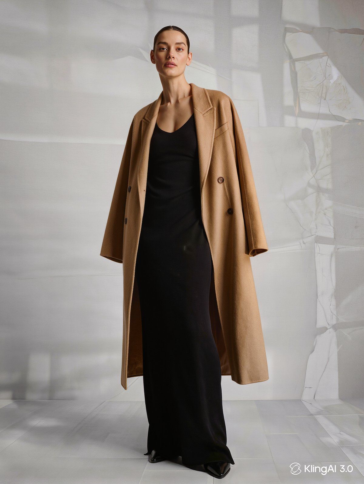 Mujer con abrigo de lana camel abierto sobre vestido vaina negro, mostrando la diferencia de largo correcta entre abrigo y vestido de invierno