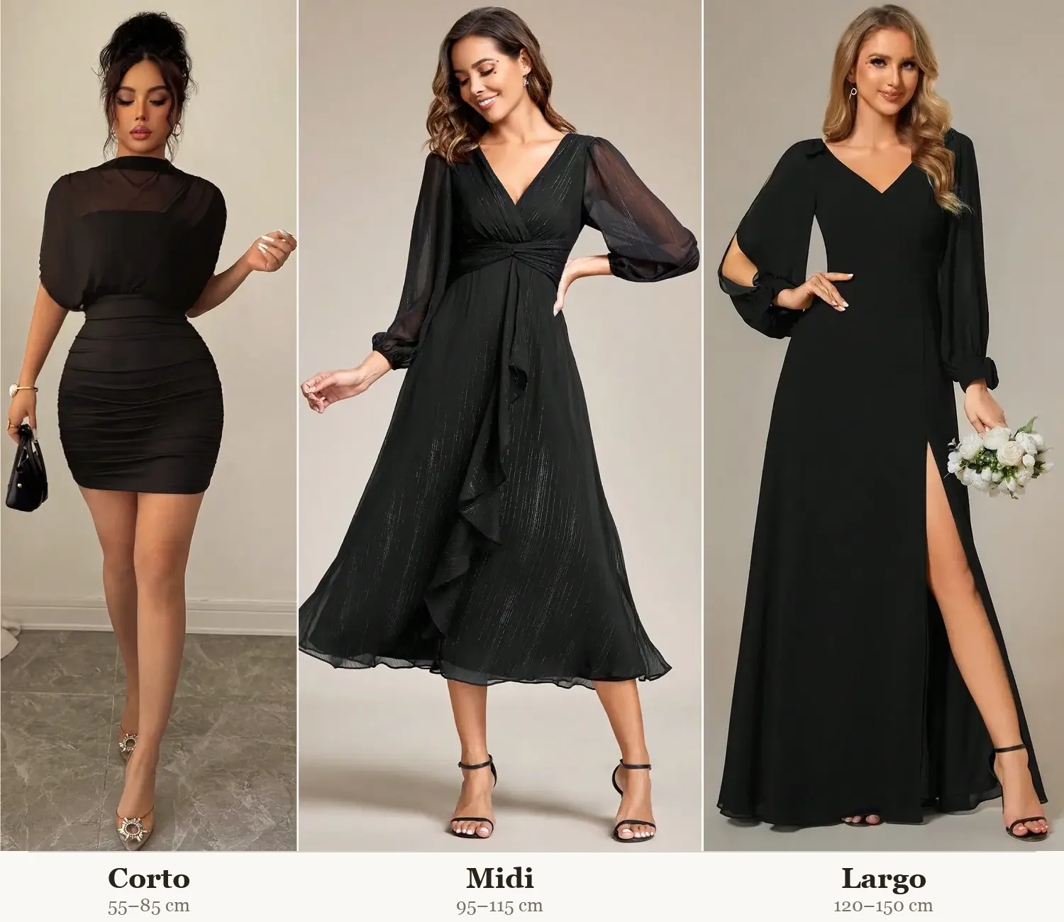 Comparación de tres largos de vestido de fiesta en negro: corto (55–85 cm), midi (95–115 cm) y largo (120–150 cm)