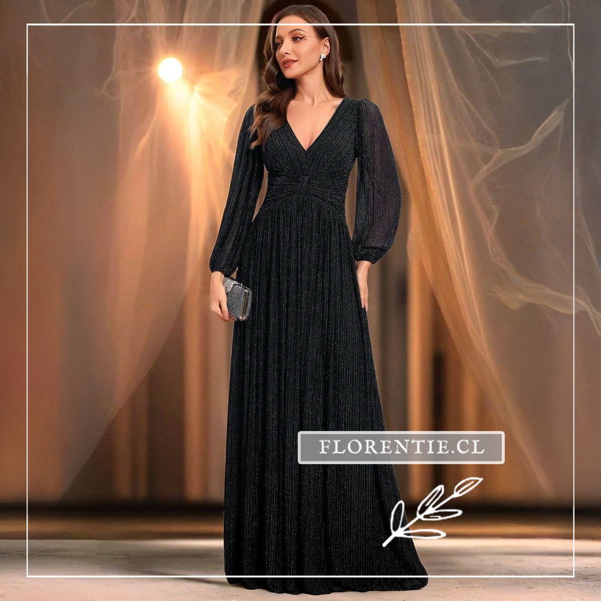 Vestido de fiesta de invierno largo negro con lurex, escote en V y mangas globo — gala y boda de invierno
