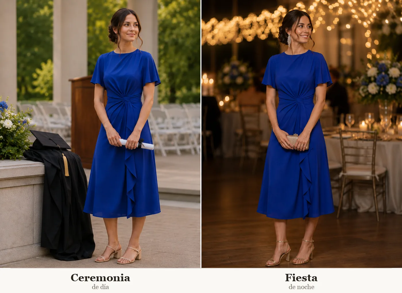 Vestido de graduación azul rey midi de brillo medio: el mismo modelo para la ceremonia de día y la fiesta de noche