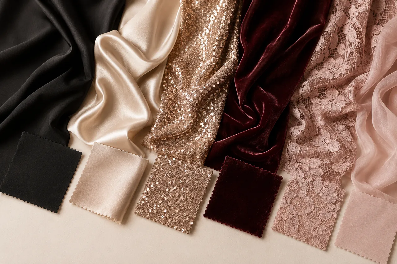 Muestrario de telas para vestido de fiesta: crepé, satén, lentejuelas, terciopelo, encaje y gasa, de mate a brillo