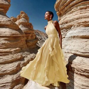 Vestido largo amarillo pastel en gasa plisada con cuello halter alto y falda con volantes, vista frontal en exterior