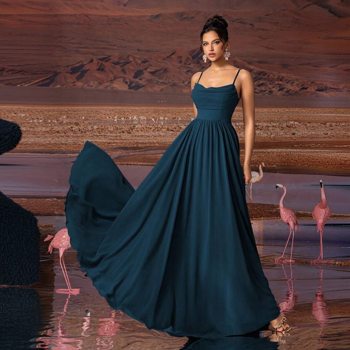 Vestido largo azul petróleo línea A con escote drapeado cowl y tirantes finos, vista frontal completa con falda en movimiento