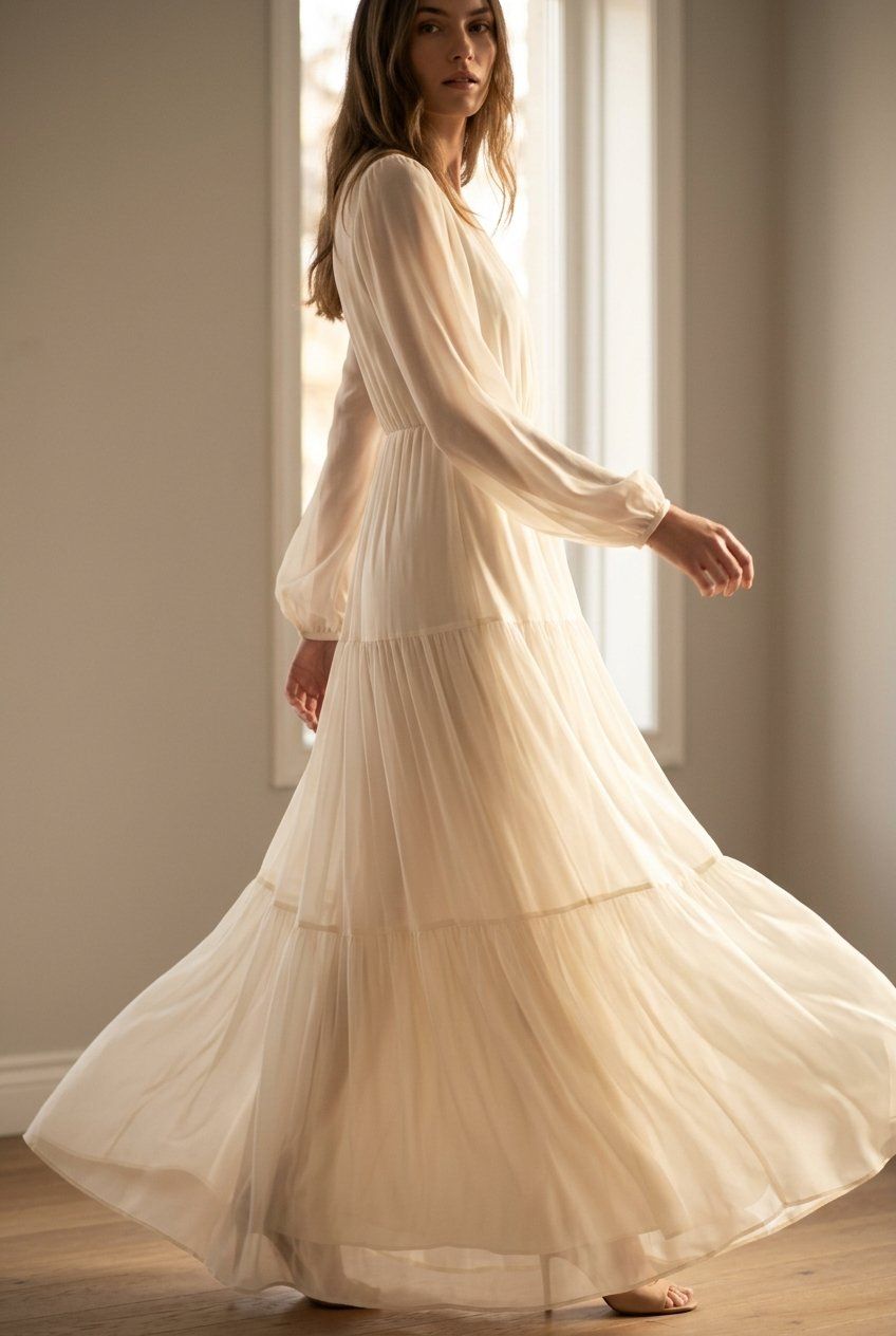 Mujer girando con un vestido de georgette ivory de caída fluida y semitransparente junto a una ventana, mostrando un tejido de bajo gramaje propio de espacios interiores con calefacción