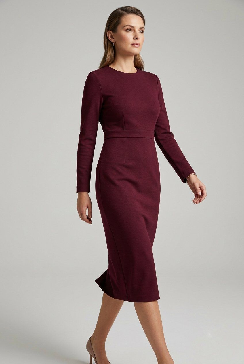 Mujer caminando con un vestido de punto jersey burgundy de silueta entallada y caída estructurada, mostrando un tejido de gramaje medio adecuado para uso profesional en entretiempo