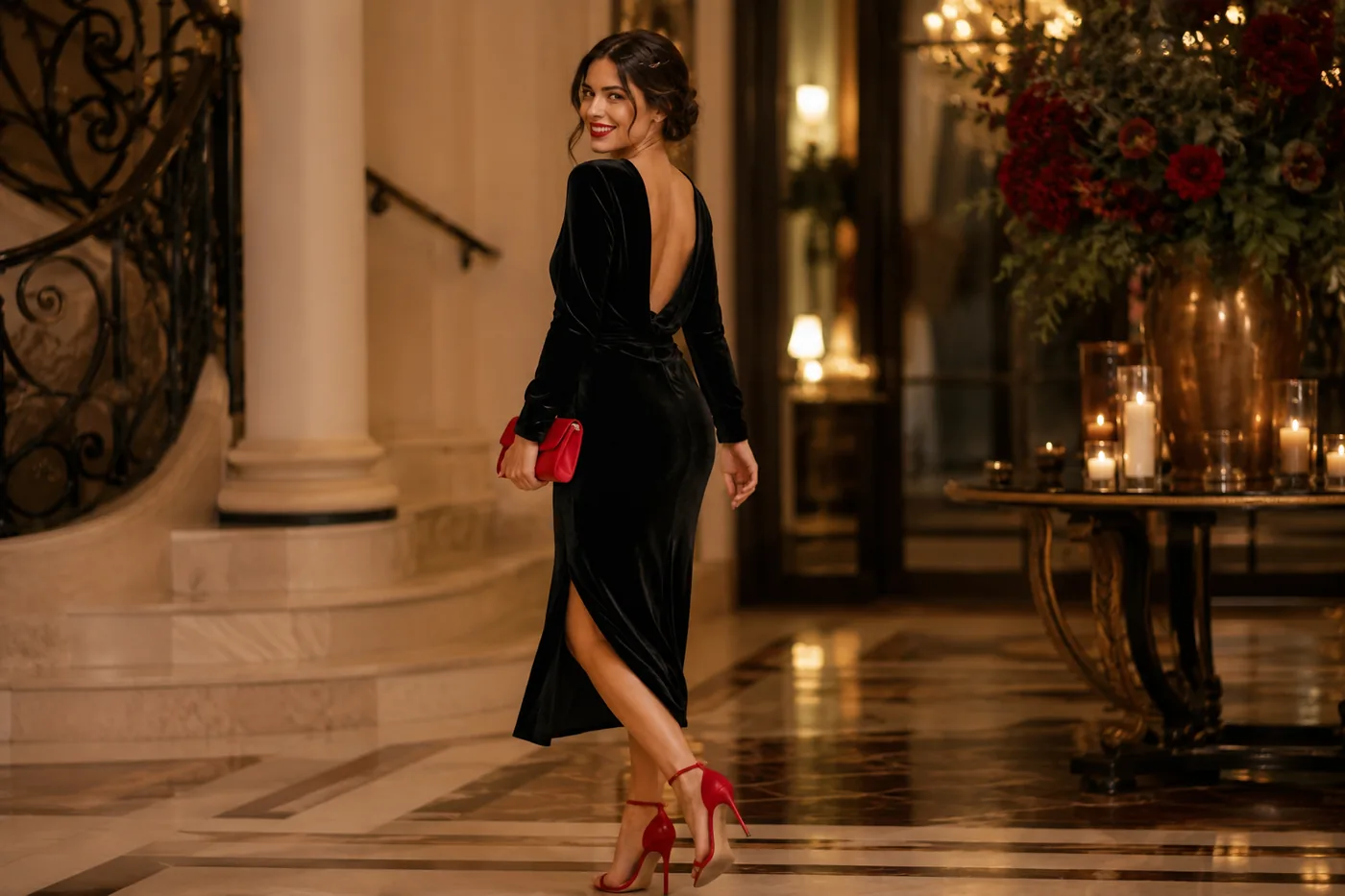 Vestido negro de terciopelo con acento rojo — elegante, no de luto Vestido negro de terciopelo con espalda descubierta y abertura, con accesorios rojos, en un salón elegante