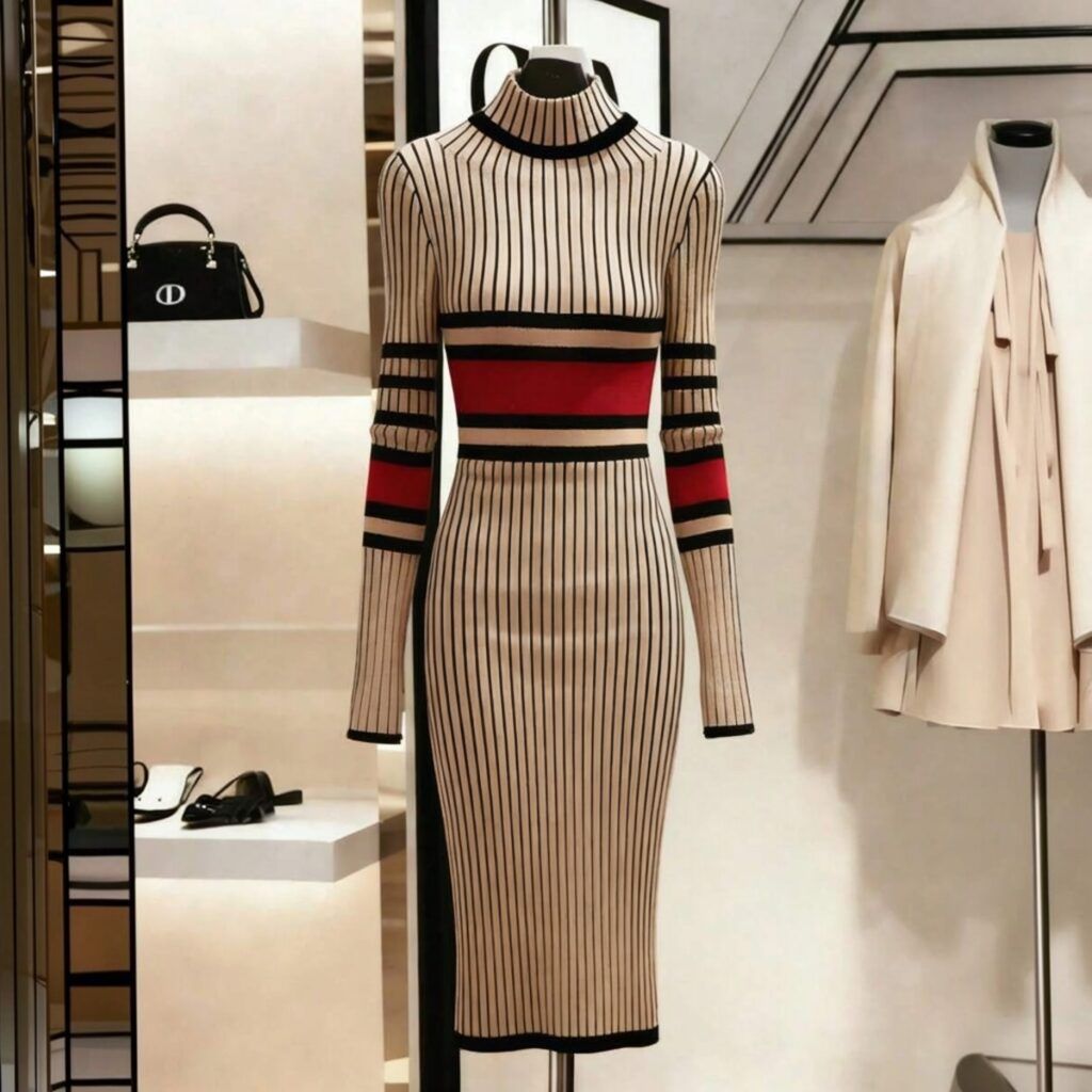 Vestido de punto beige con rayas verticales negras y banda roja en cintura exhibido en maniqui de tienda