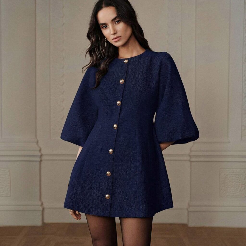 Vestido corto azul marino en tweed con botones dorados esféricos frontales y mangas abullonadas tres cuartos, vista frontal completa