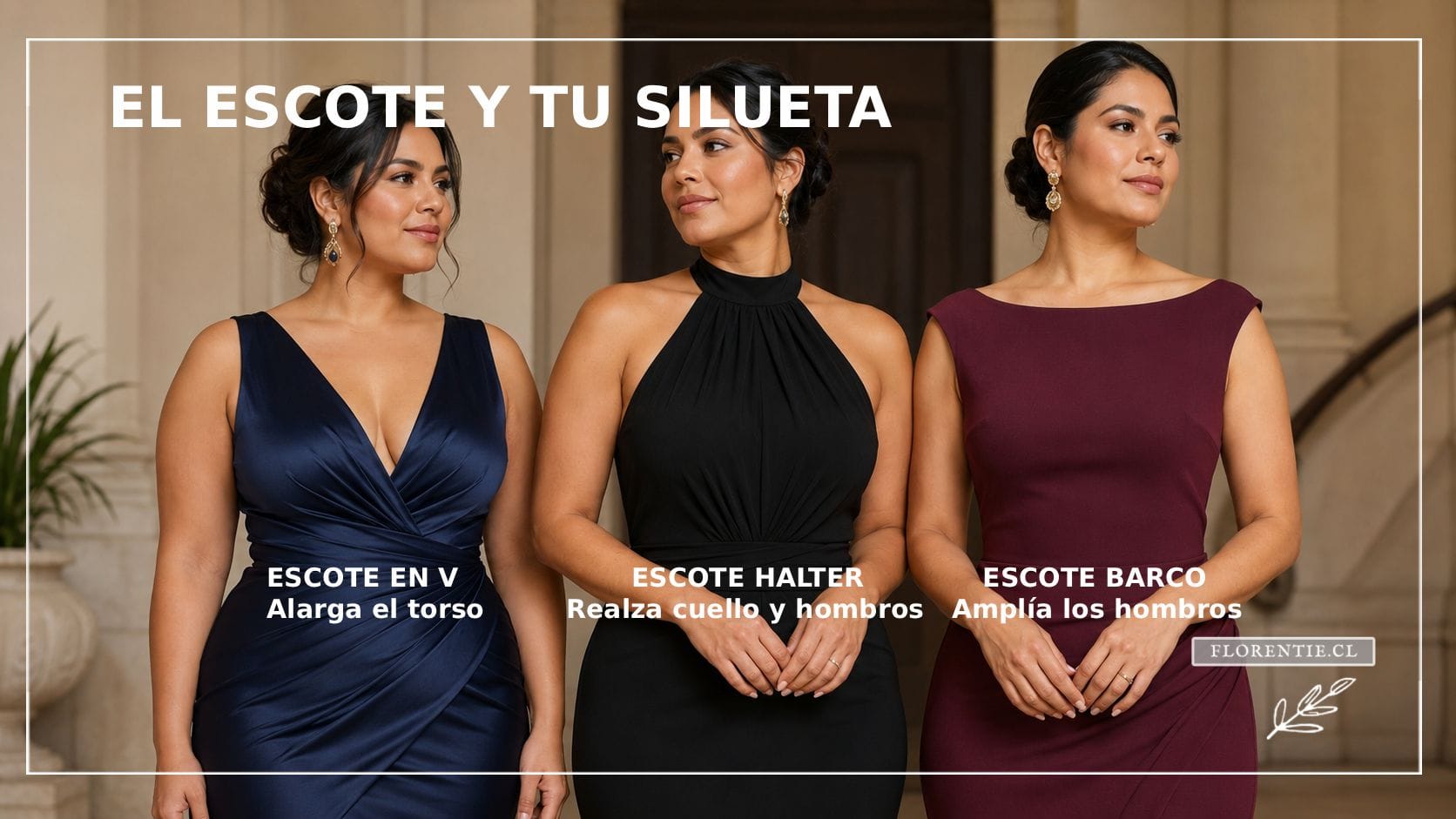 Tres escotes y su efecto en la silueta: V alarga el torso, halter realza cuello y hombros, barco amplía los hombros