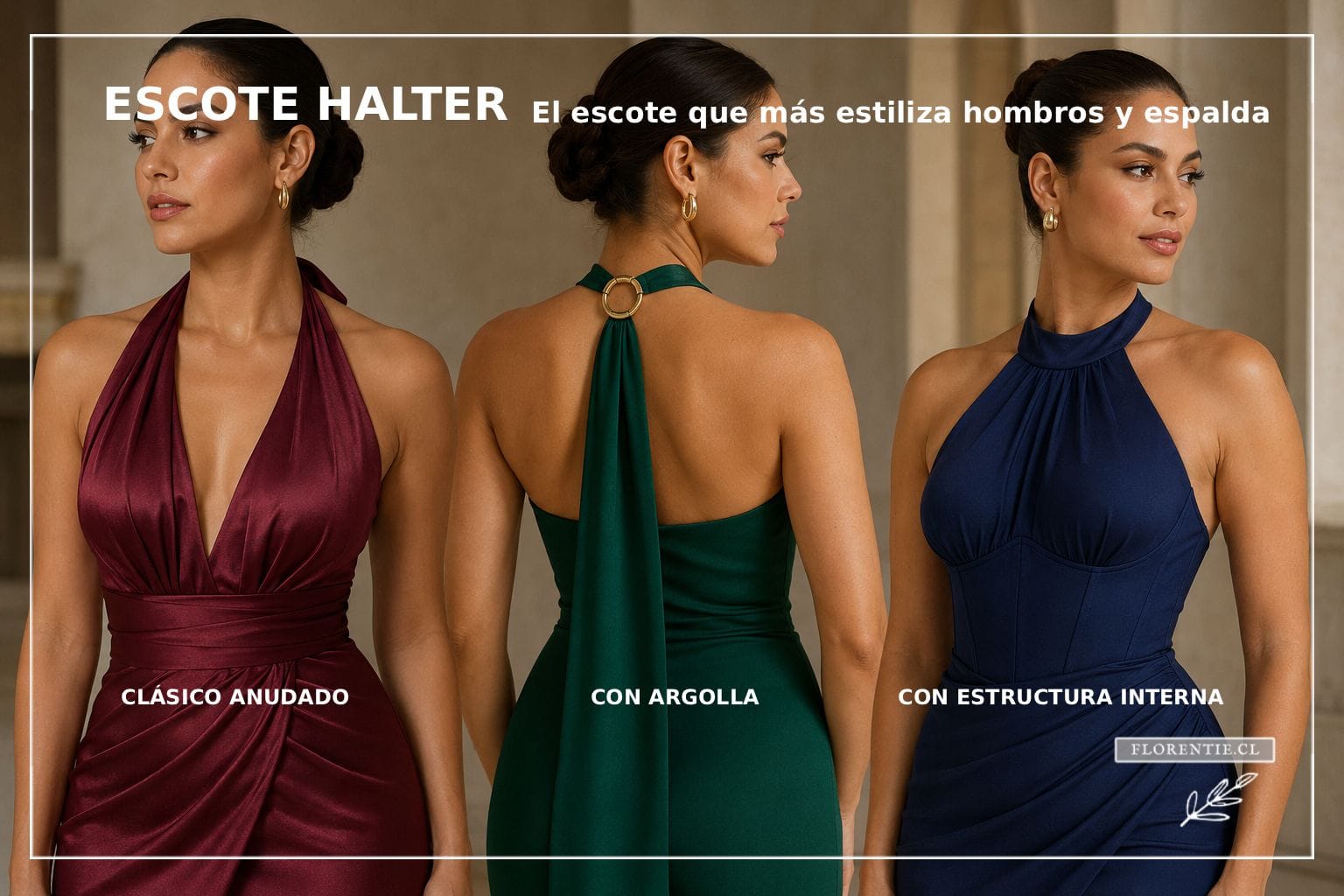Tres variantes de escote halter: clásico anudado, con argolla metálica y con estructura interna tipo corsé