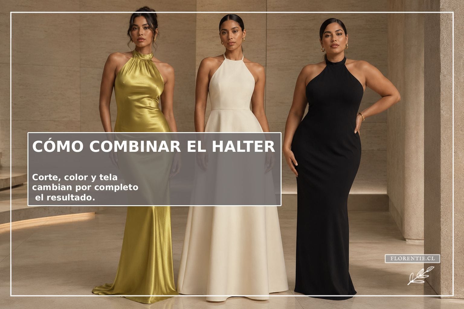 Escote halter combinado con tres cortes distintos: sirena en dorado, evasé en crema y columna recto en negro