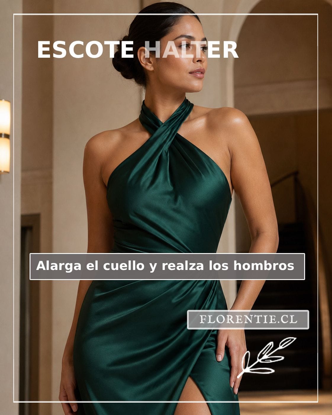 Vestido de fiesta verde esmeralda con escote halter cruzado que anuda en la nuca, hombro y espalda descubiertos