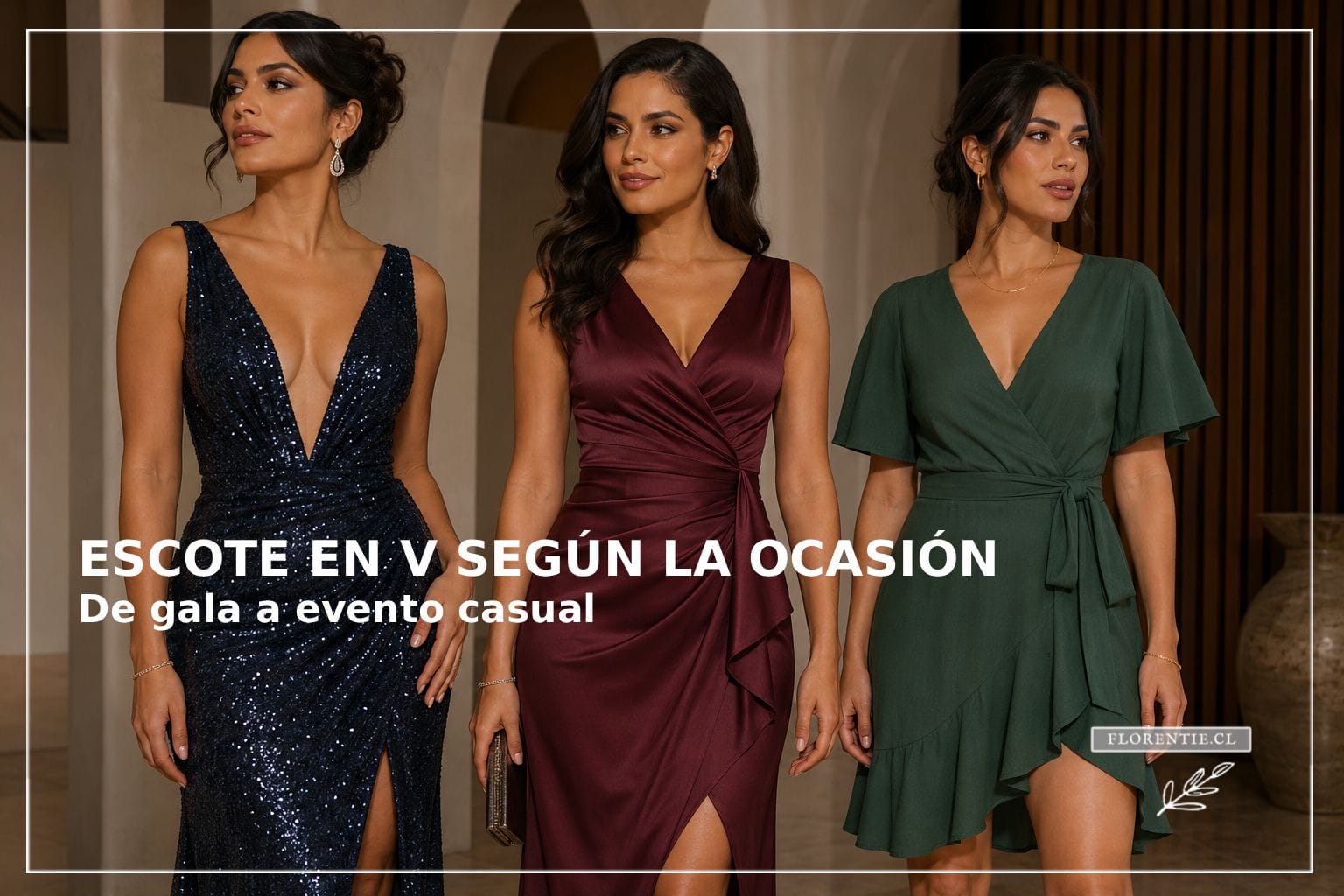 Escote en V según la ocasión — de gala a evento casual Escote en V para tres ocasiones: gala en azul con lentejuelas, evento formal en burdeos satinado, casual en verde corto