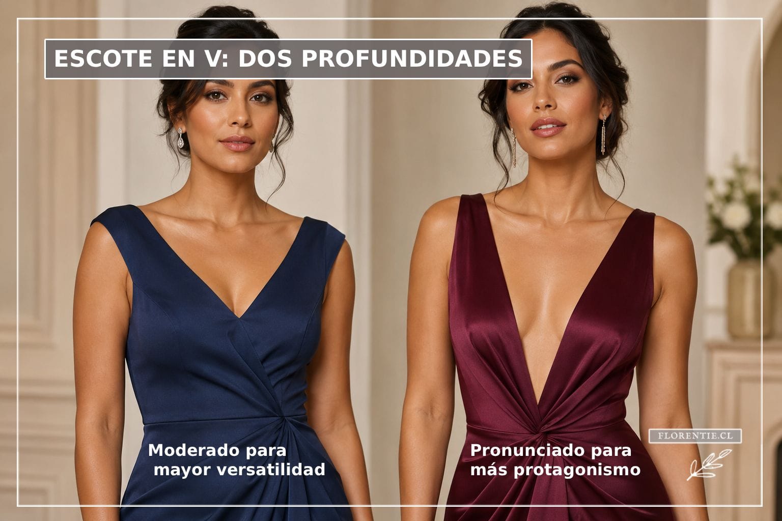 Escote en V: dos profundidades — moderado y pronunciado Comparación de escote en V moderado en azul marino y escote en V pronunciado en color vino