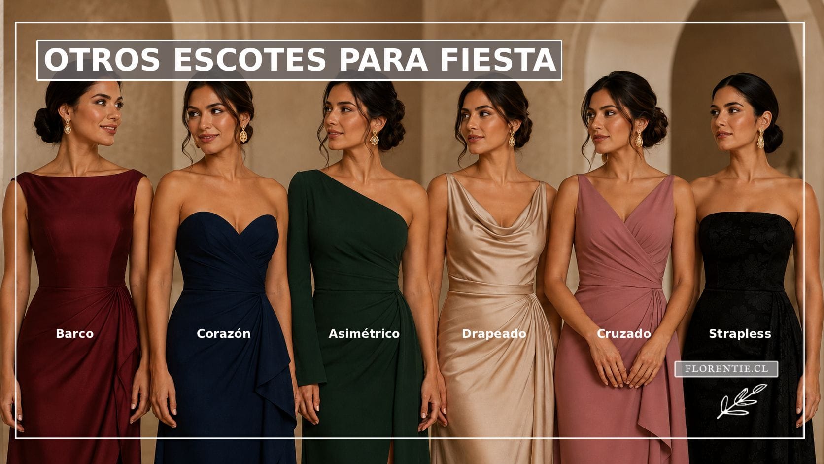 Seis escotes de vestido de fiesta lado a lado: barco, corazón, asimétrico, drapeado, cruzado y strapless