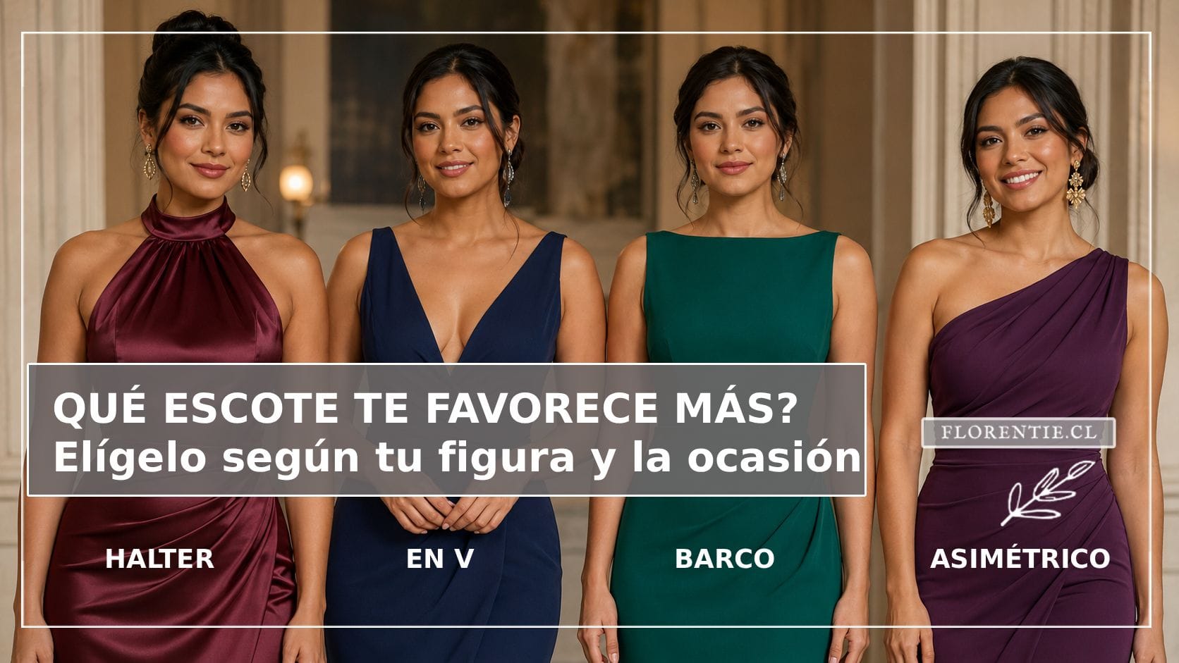 Cuatro escotes de vestido de fiesta según tipo de cuerpo: halter en vino, V en azul marino, barco en verde esmeralda y asimétrico en morado