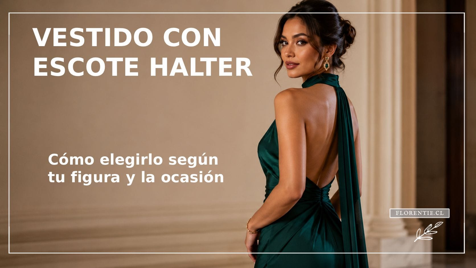Vestido de fiesta verde esmeralda con escote halter anudado en la nuca, espalda y hombros descubiertos