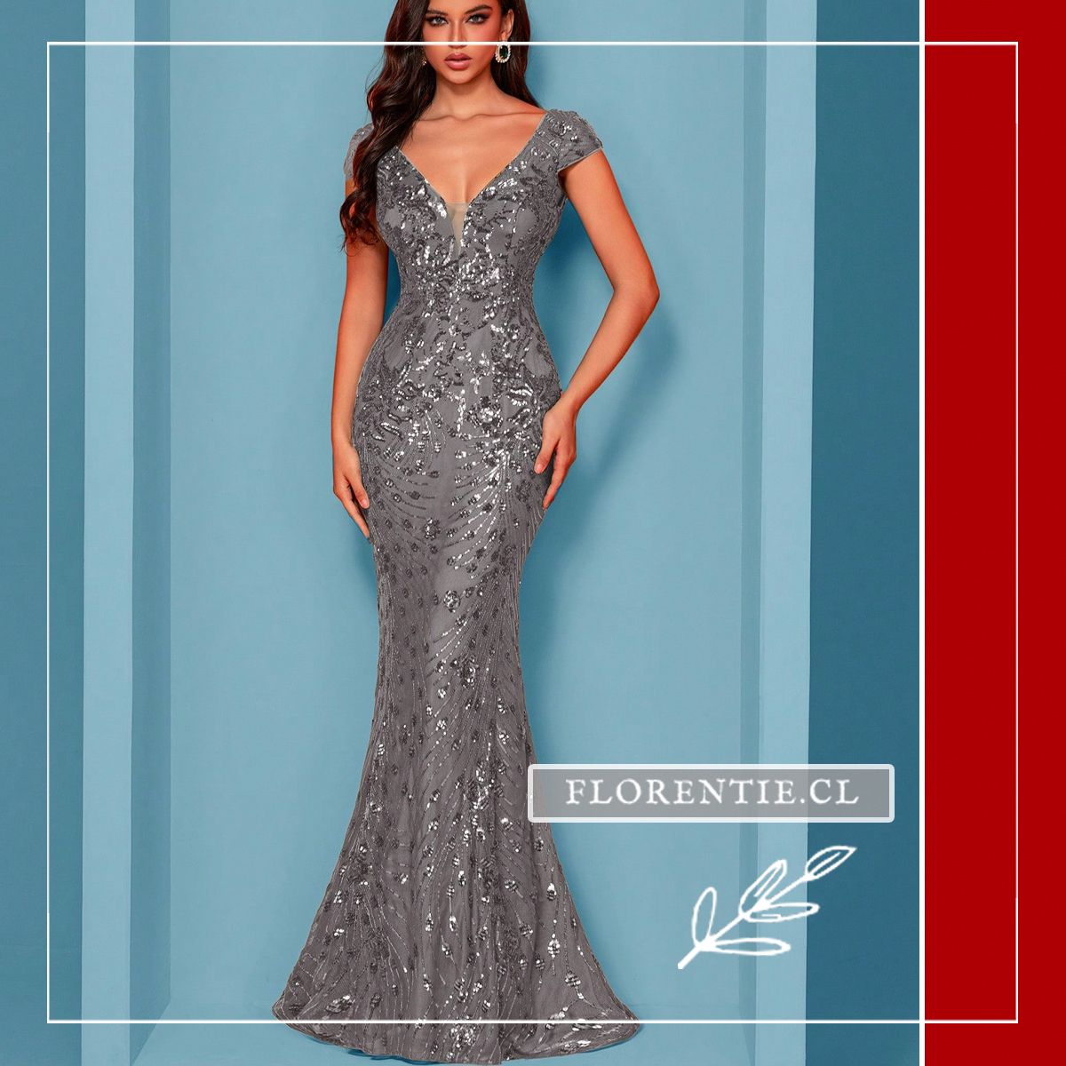 vestido largo gris plata lentejuelas silueta entallada ruedo acampanado tul bordado