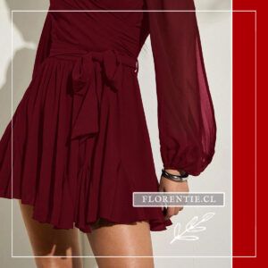 vestido burdeo gasa manga globo detalle lazo lateral en cintura