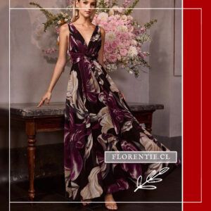 vestido largo gasa negra estampado floral burdeo y beige escote en V falda evasé con vuelo