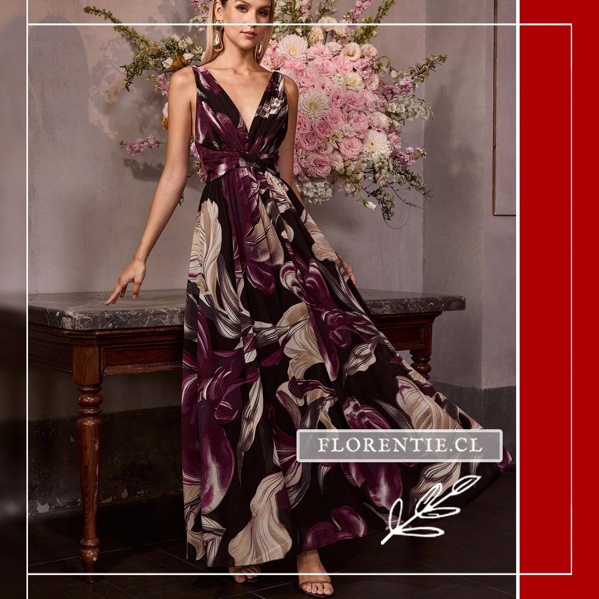 vestido largo gasa negra estampado floral burdeo y beige escote en V falda evasé con vuelo