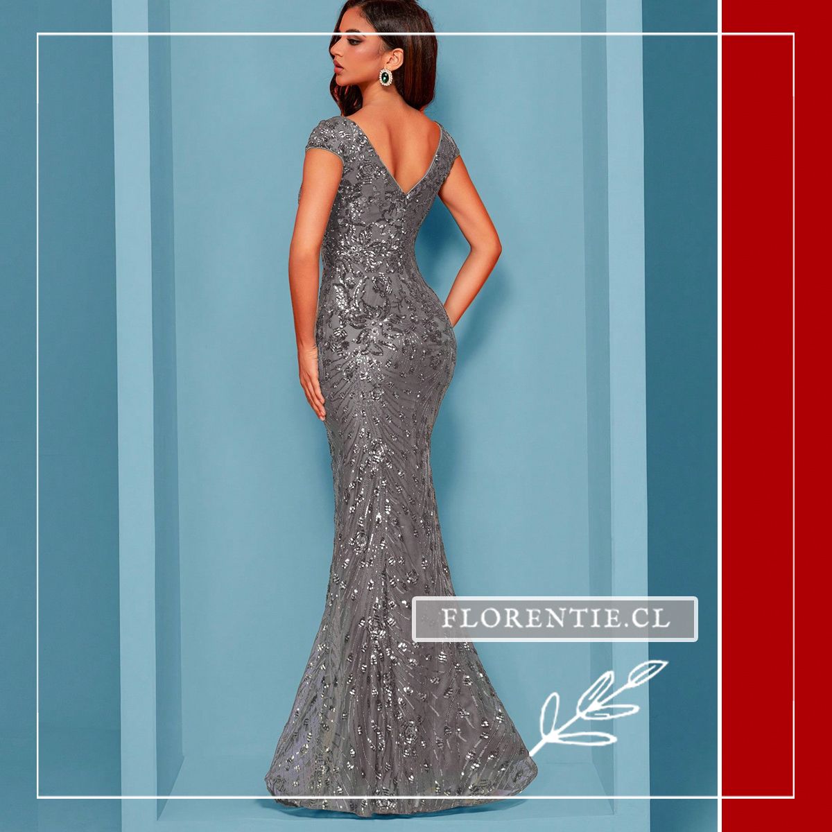 vestido gris lentejuelas vista trasera escote V espalda descubierta falda sirena