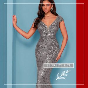 vestido largo gris plata con lentejuelas florales corte sirena escote en V frontal