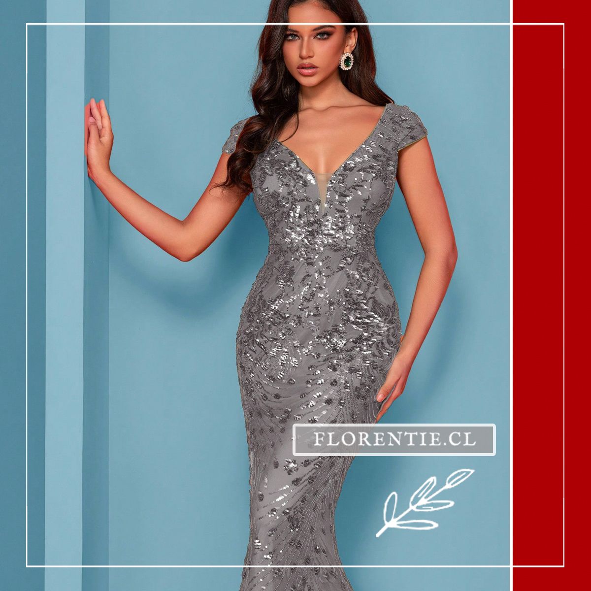 vestido largo gris plata con lentejuelas florales corte sirena escote en V frontal