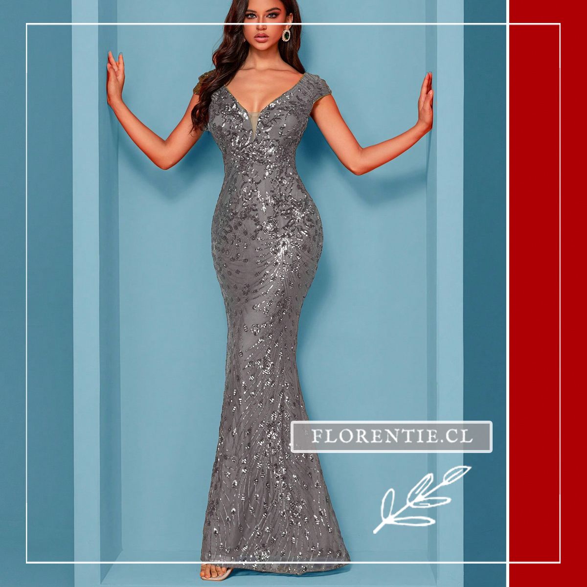 vestido gris plata lentejuelas bordado floral entallado manga corta cap escote V