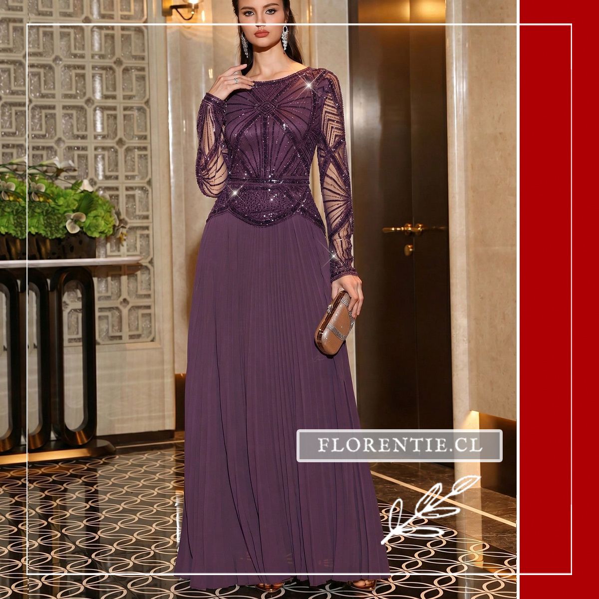 vestido largo morado ciruela cuerpo lentejuelas geométricas falda plisada gasa vista frontal