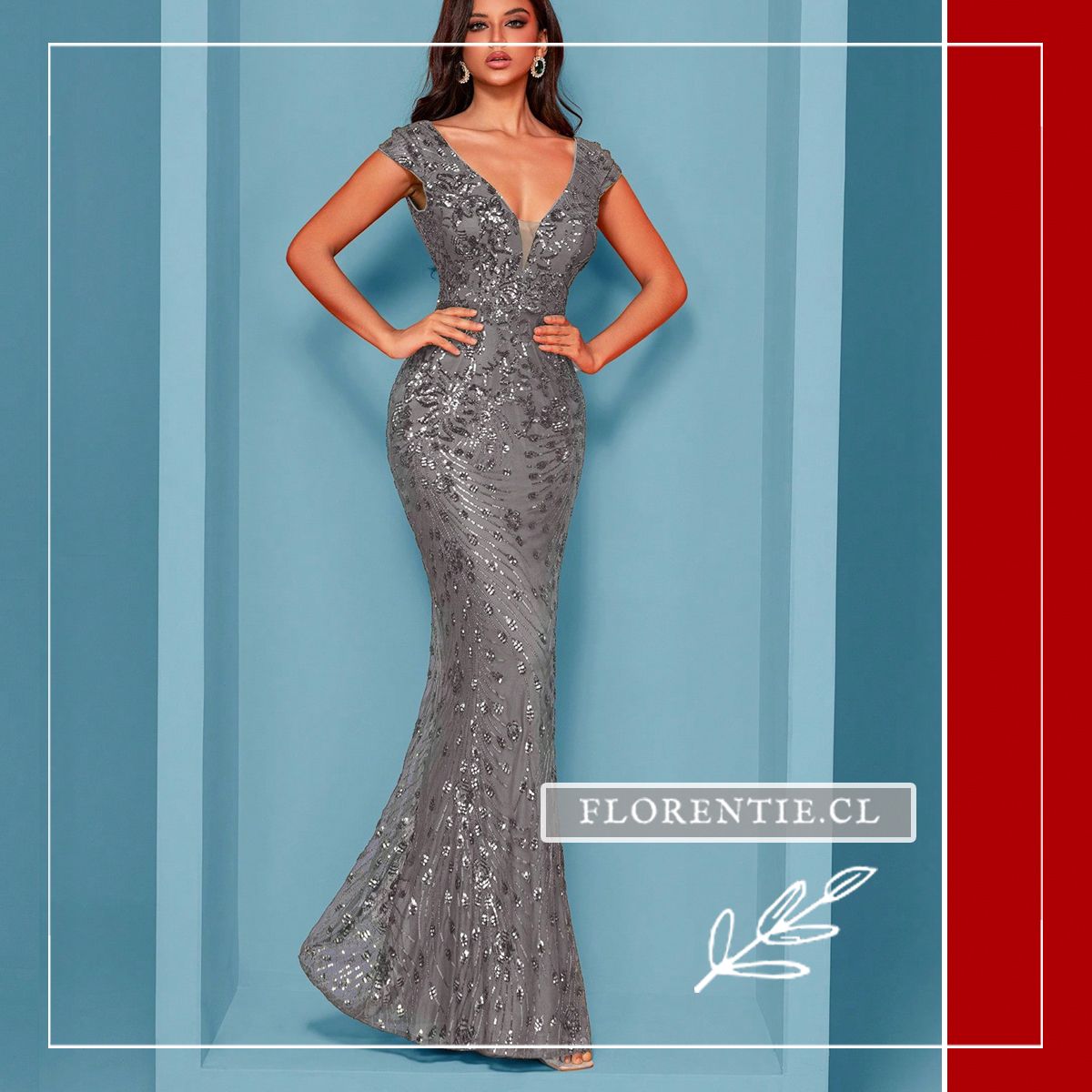 vestido gris con lentejuelas cuerpo completo silueta sirena manga cap ruedo amplio