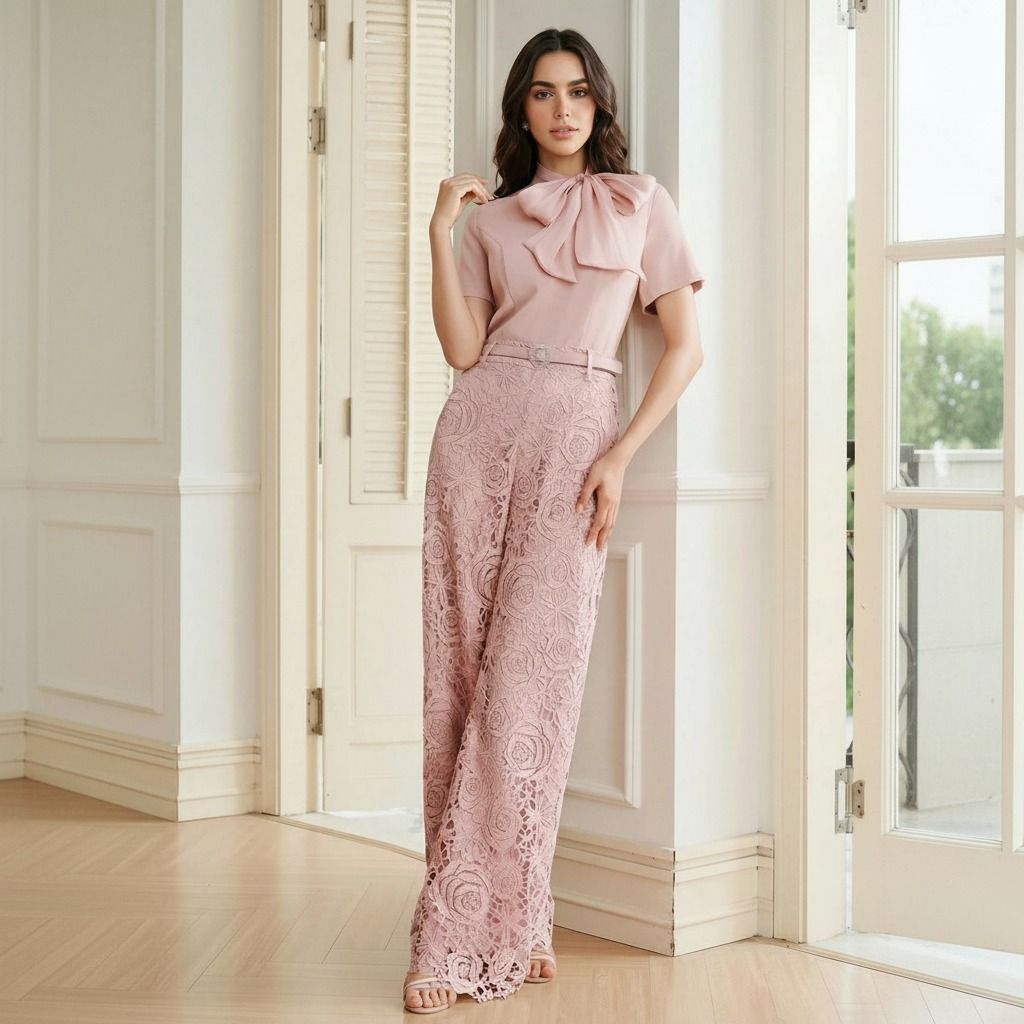 Modelo de pie junto a puerta blanca con conjunto rosa palo de blusa con lazo y pantalon palazzo de encaje