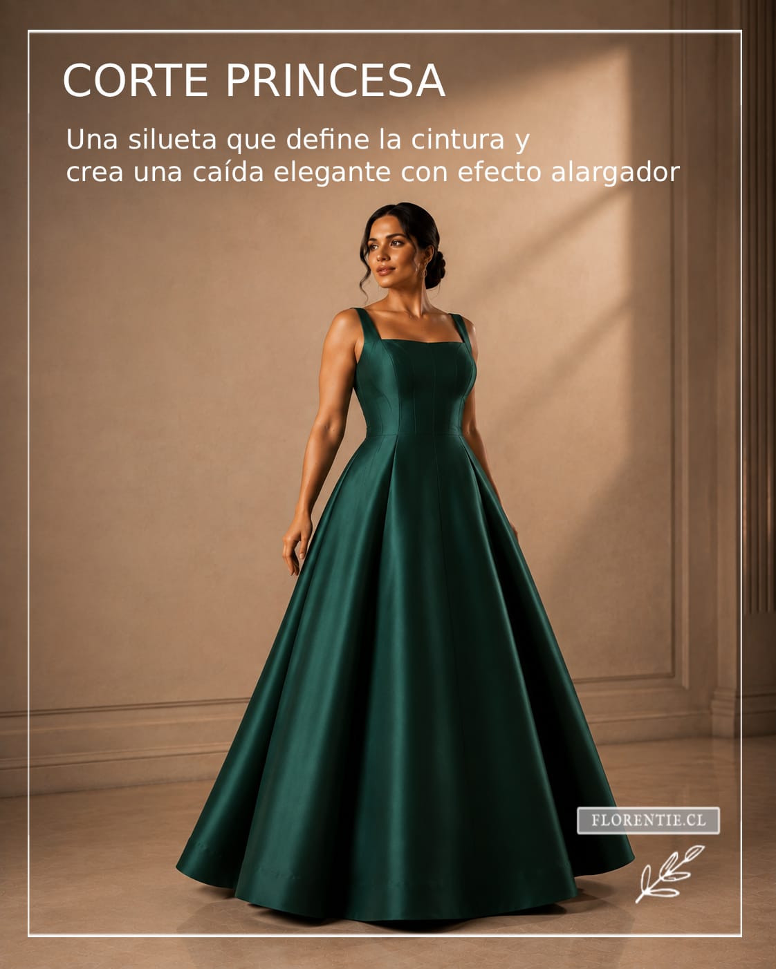 Vestido de fiesta corte princesa con costuras verticales que estilizan la figura