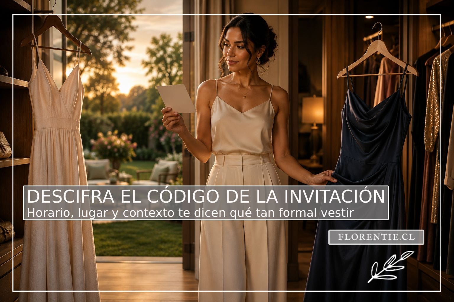 Mujer leyendo una invitación frente a dos vestidos de fiesta de distinto nivel de formalidad en su closet