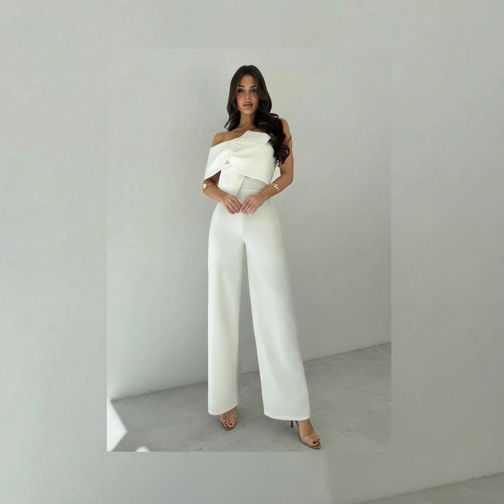 Modelo de pie mostrando el tiro alto del enterito blanco y la caída recta del pantalón hasta el tobillo