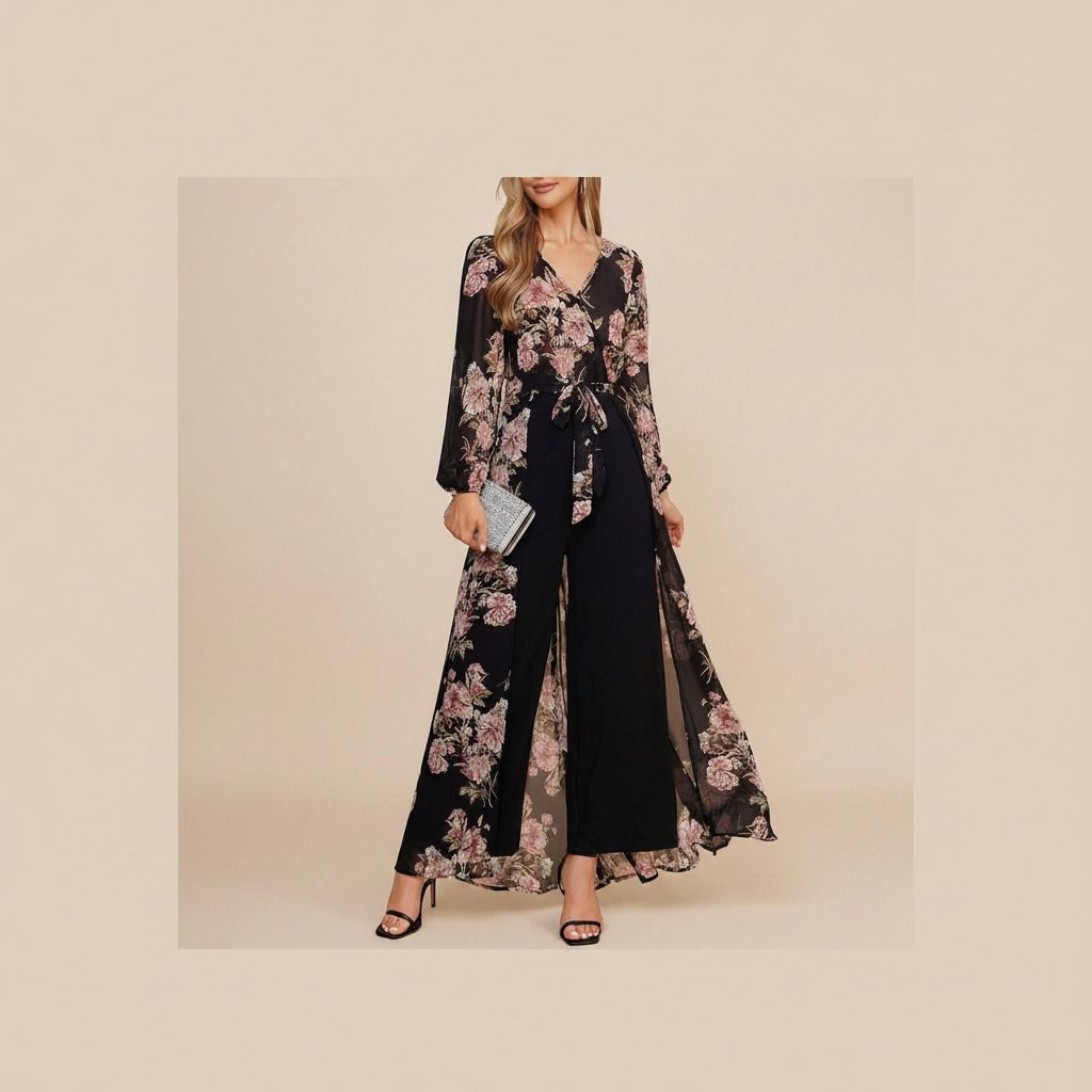 Enterito negro con sobrefalda de gasa floral rosada, manga larga y cinturón de lazo, vista frontal completa