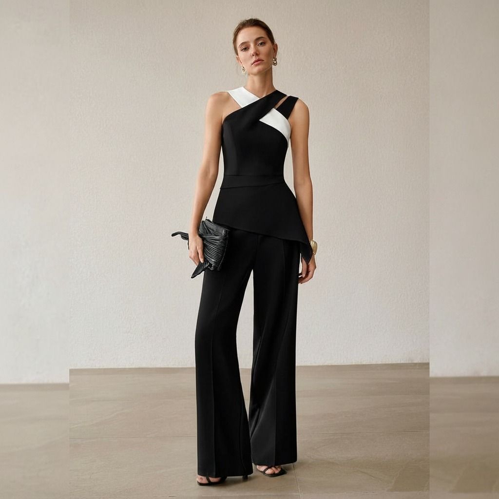 Enterito negro sin mangas con escote asimétrico blanco, peplum en punta y pantalón de pierna ancha, vista frontal completa