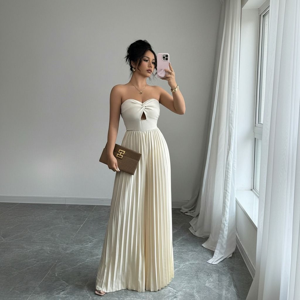 Mujer con enterito marfil strapless de pierna ancha plisada, tomada de perfil frente a un espejo con clutch café