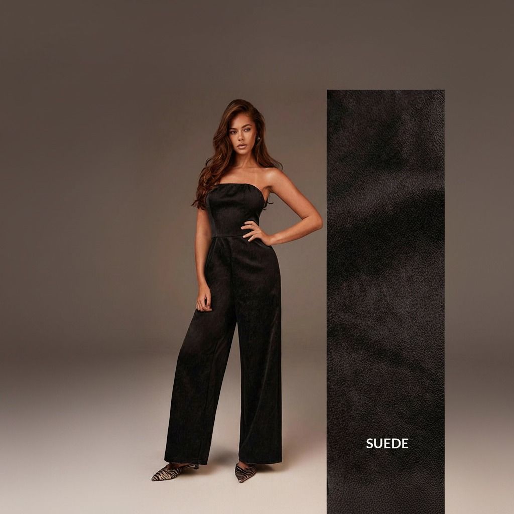 Enterito negro strapless de pierna ancha en tejido suede, vista frontal junto a muestra de la tela