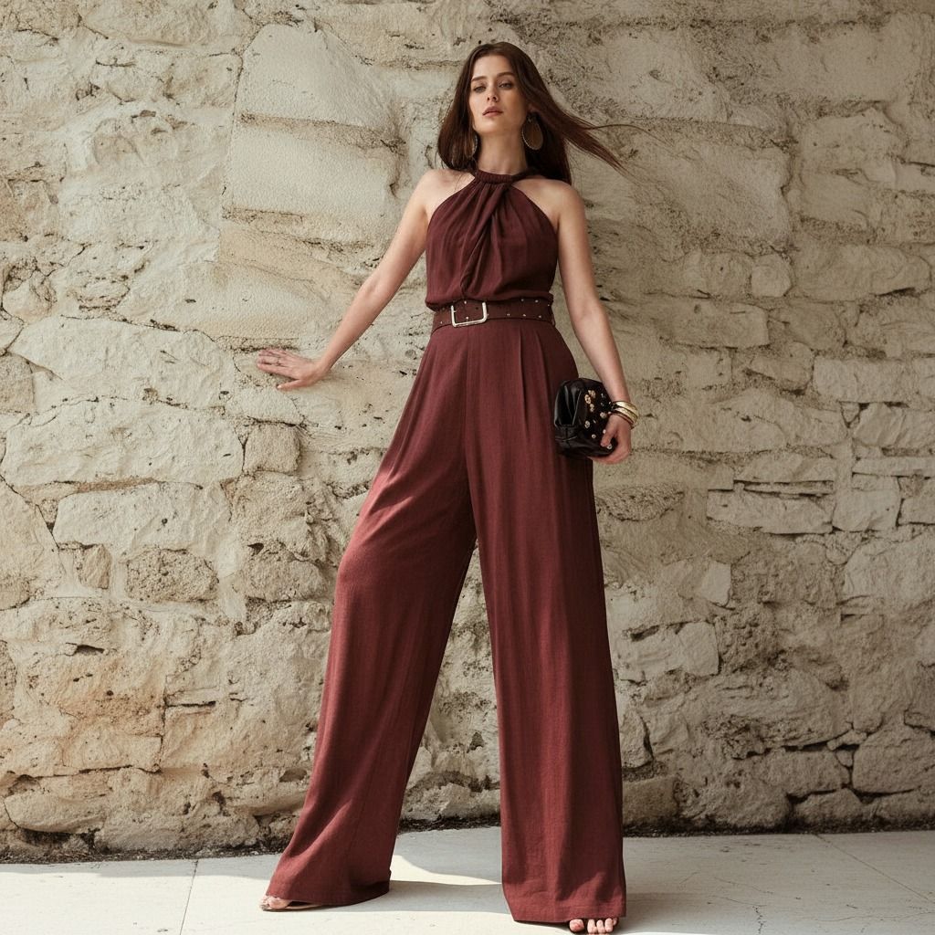 Modelo de pie con enterito vino de escote halter, cinturon con tachas y pantalon de pierna ancha ante muro de piedra