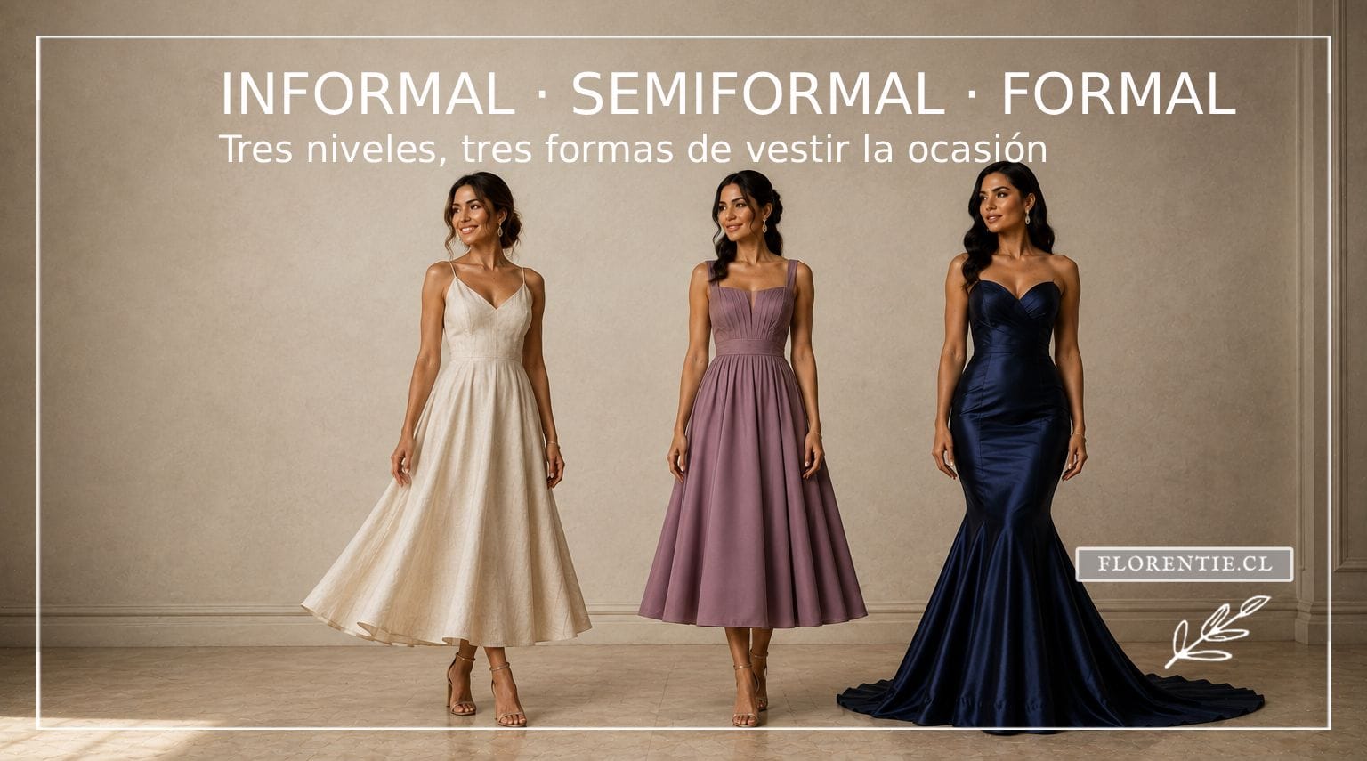 Tres mujeres modelando vestidos que representan los niveles informal, semiformal y formal de código de vestimenta